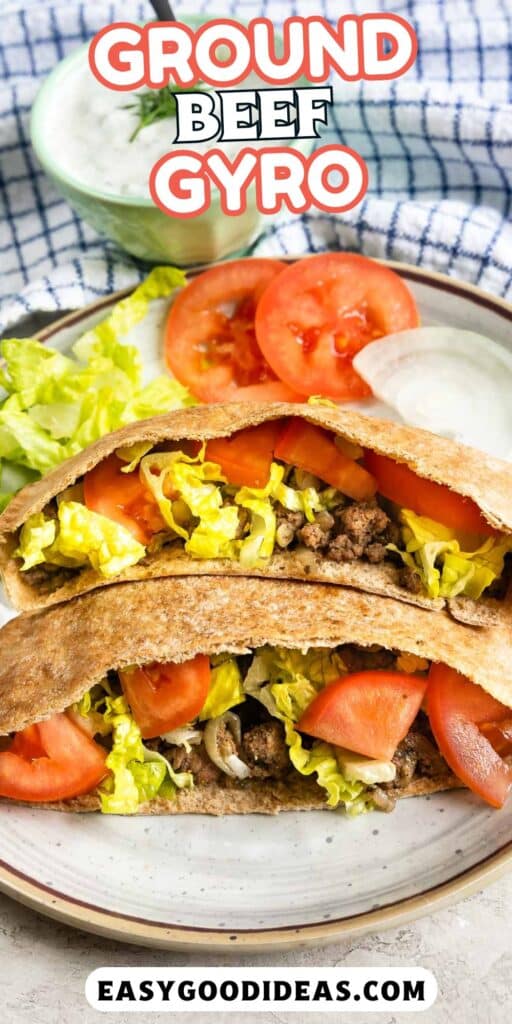 ground beef gyro stuffed in pita pockets on a white plate with words on the image.