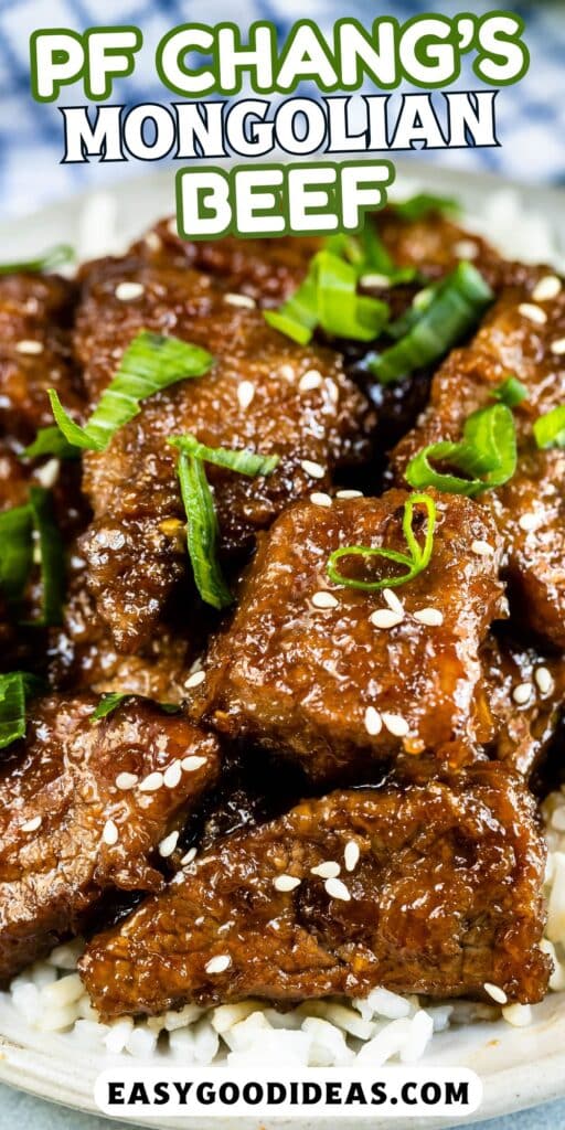 Mongolian beef on a white plate with green onion cut on top with words on the image.