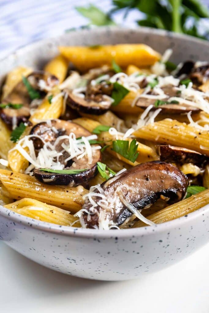 pasta and mushrooms mixed in a grey spotted bowl.