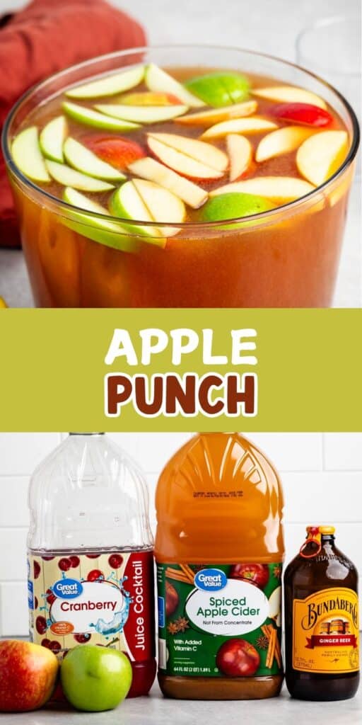 two photos of apple punch and ingredients in a large clear bowl with sliced apples on top.