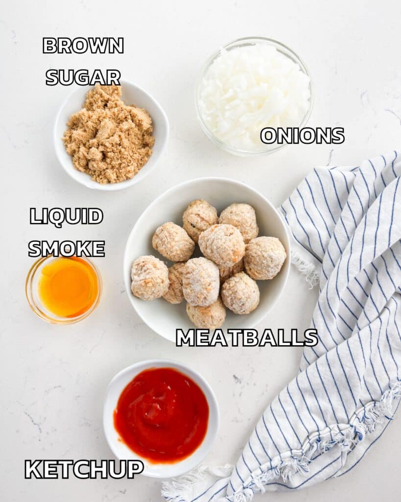 ingredients in bbq meatballs laid out on a white counter.