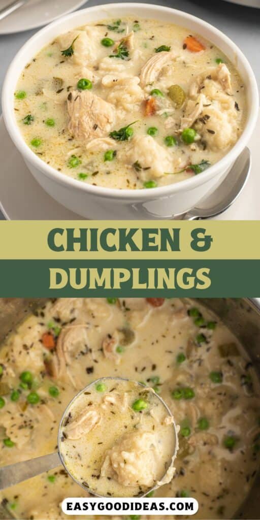 two photos of chicken and dumplings in broth in a white bowl with words on the image.