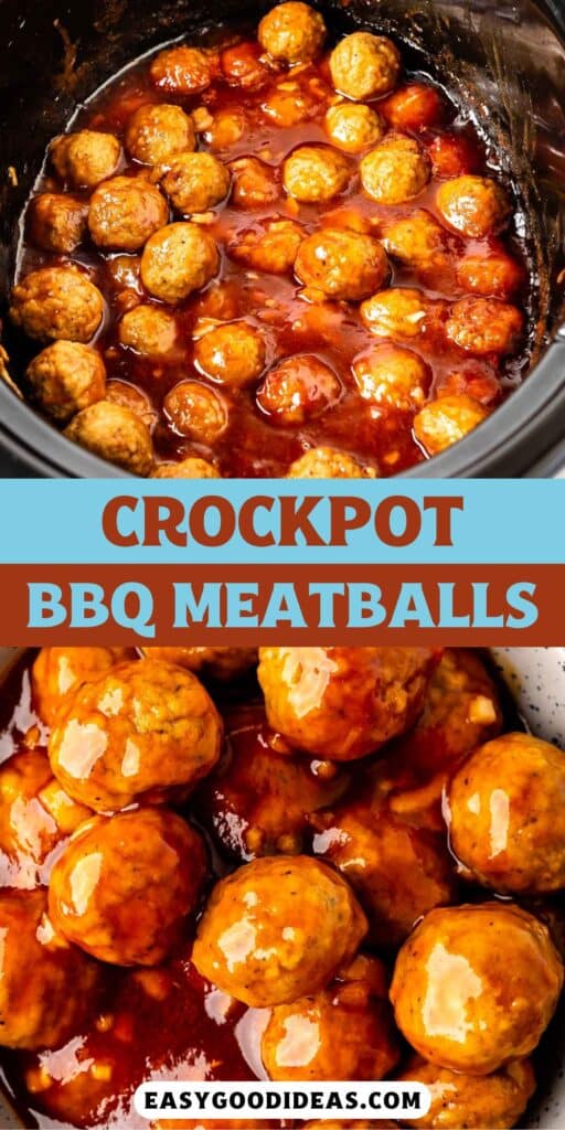 two photos of meatballs covered in sauce in a black crockpot with words on the image.