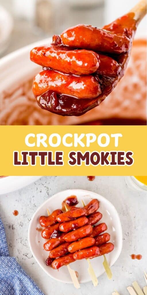 two photos of little smokies covered in sauce on a skewer and a wooden spoon with words on the image.