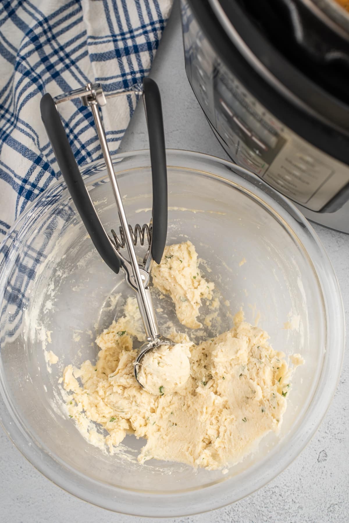 process shot of instant pot chicken and dumplings being made.