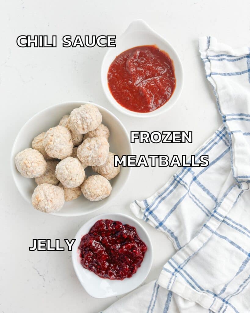 ingredients in jelly meatballs laid out on a white counter.