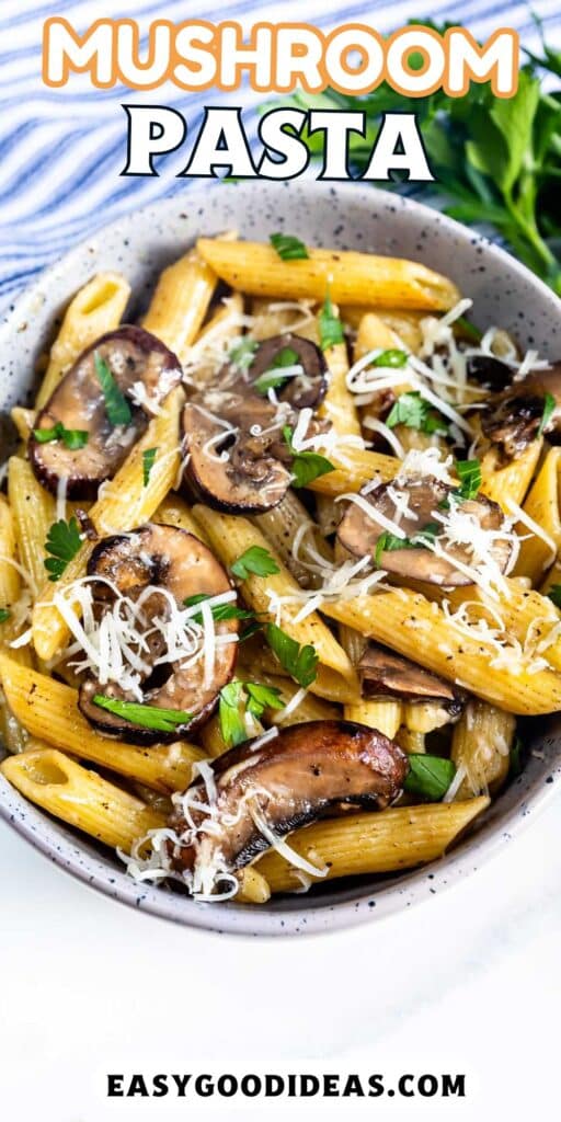 pasta and mushrooms mixed in a grey spotted bowl with words on the image.