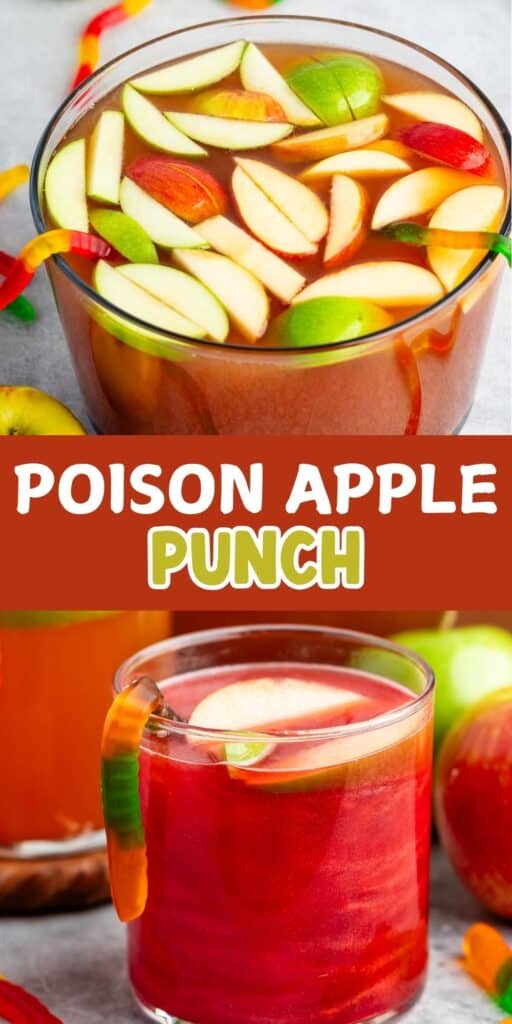 two photos of red poison apple punch in a clear glass with a gummy worm coming out the side with words on the image.