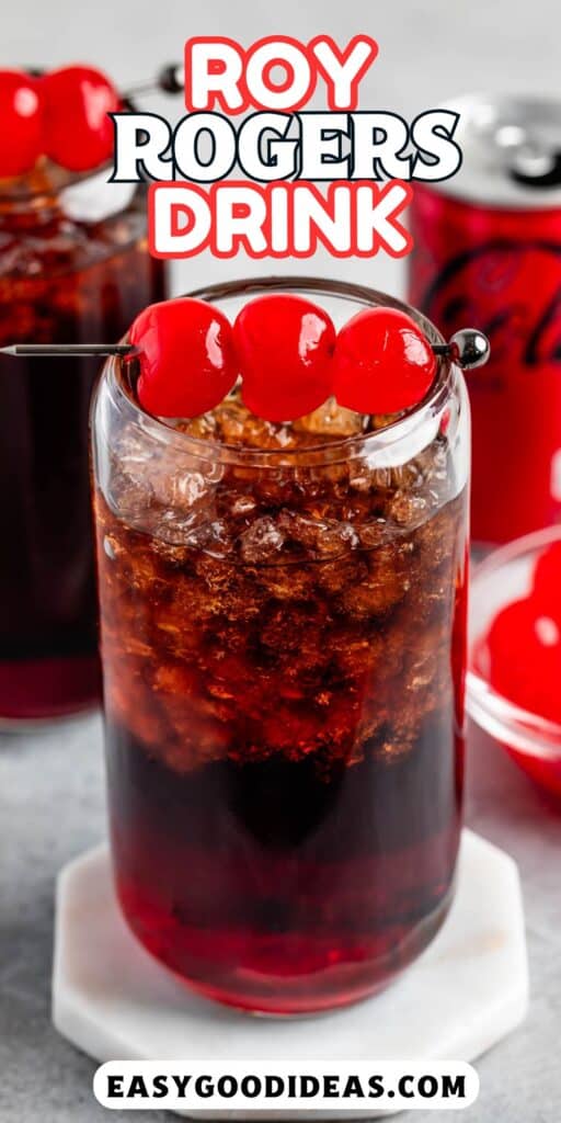 brown drink in a clear glass with cherries on top with words on the image.