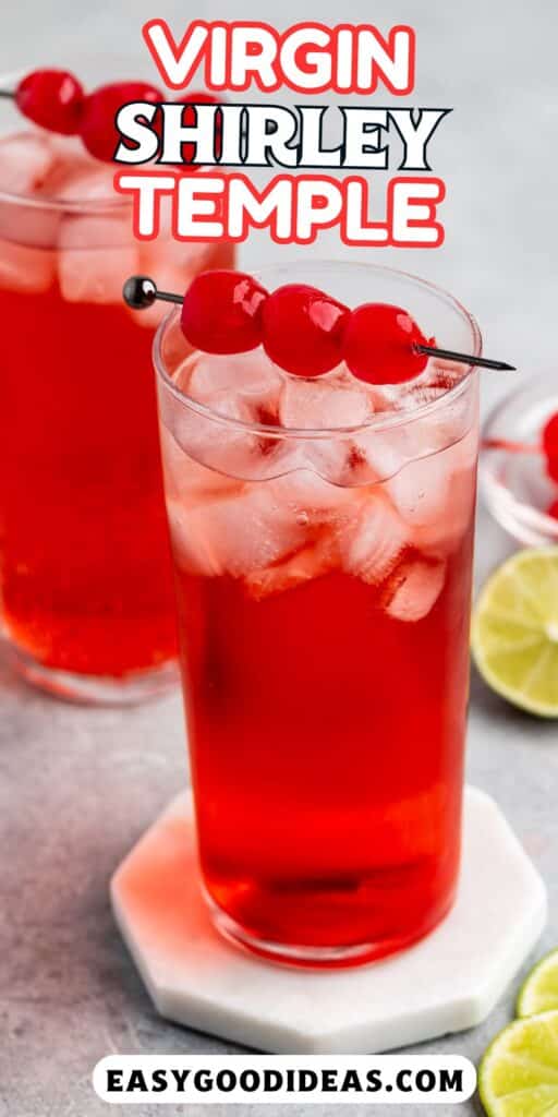 red drink in a tall clear glass with cherries on top with words on the image.