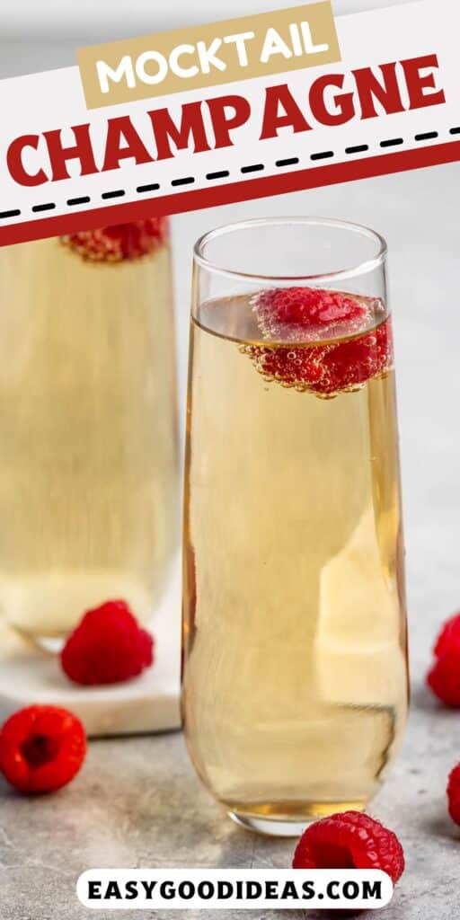 Two tall glasses of mocktail champagne with raspberries floating inside. Additional raspberries are scattered around and a website URL is displayed at the bottom.