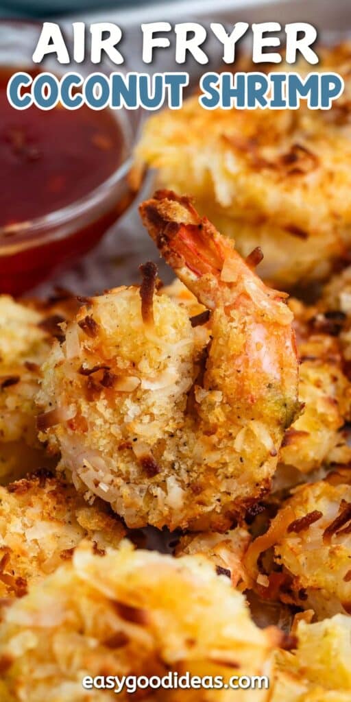 stacked shrimp on a pan next to a sauce with words on the image.