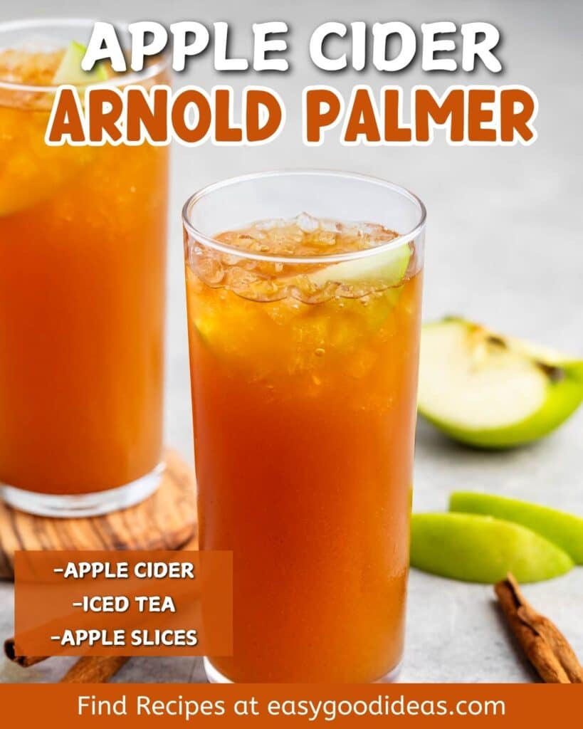 A tall glass filled with a blend of apple cider and iced tea, garnished with ice and apple slices. Another glass is partially visible in the background. Text on the image lists ingredients and a website for recipes.