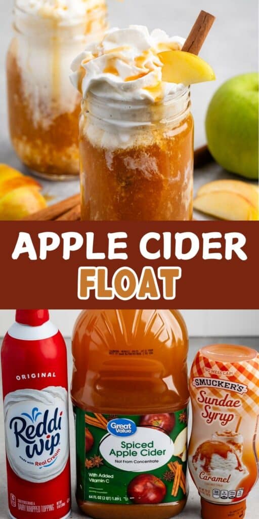 two photos of apple cider and whipped cream in a clear mason jar with caramel sauce and sliced apples on top and ingredients with words on the image.