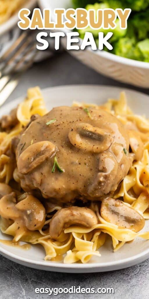 steak laid out on noodles on a white plate with words on the image.