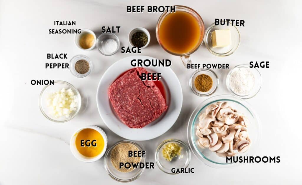 ingredients in the Salisbury Steak laid out on a white counter.