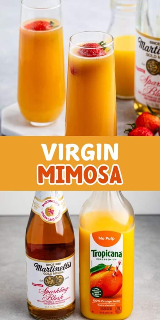 two photos of virgin mimosa in a tall clear glass with a strawberry floating in the drink with words on the image.