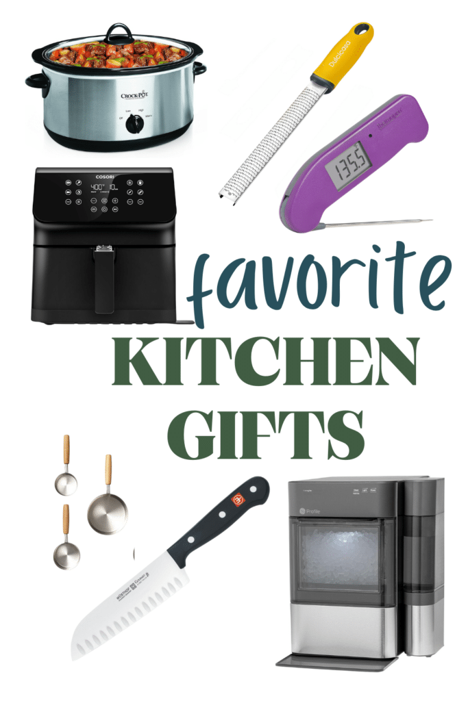 Collage of kitchen gift ideas: a slow cooker with stew, a yellow zester, a purple meat thermometer displaying 135°F, a black air fryer, measuring spoons, a chefs knife, and a sleek coffee machine with text favorite KITCHEN GIFTS.