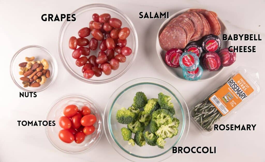 A variety of food items are arranged on a table: grapes, salami, Babybel cheese, mixed nuts, cherry tomatoes, broccoli, and a package of rosemary. Each item is in a bowl or package with labeled text.