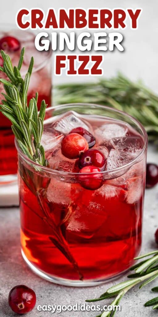 Two glasses of cranberry ginger fizz with ice cubes, garnished with cranberries and sprigs of rosemary. A festive and refreshing red drink on a white surface. Text on image: Cranberry Ginger Fizz and easygoodideas.com.