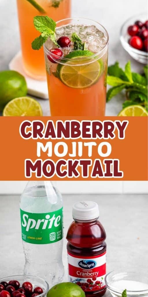 Two images: A glass of cranberry mojito garnished with mint, lime, and cranberries; below, bottles of Sprite and cranberry juice with a lime nearby. Text reads Cranberry Mojito Mocktail.