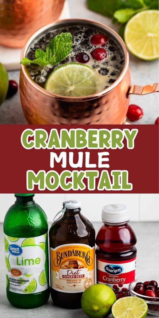 A copper mug filled with a cranberry mule mocktail topped with mint, cranberries, and a lime slice. Below, bottles of lime soda, ginger beer, and cranberry juice are displayed next to fresh limes and cranberries. Text reads Cranberry Mule Mocktail.