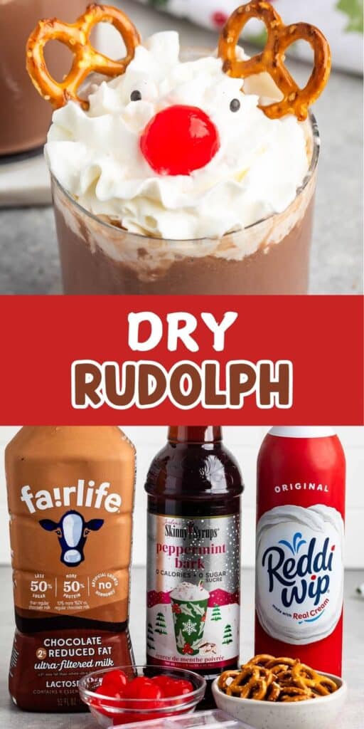 A festive chocolate drink topped with whipped cream, a red candy nose, pretzel antlers, and candy eyes, resembling Rudolph. Below are the ingredients: chocolate milk, peppermint syrup, whipped cream, candy, and pretzels. Text reads Dry Rudolph.