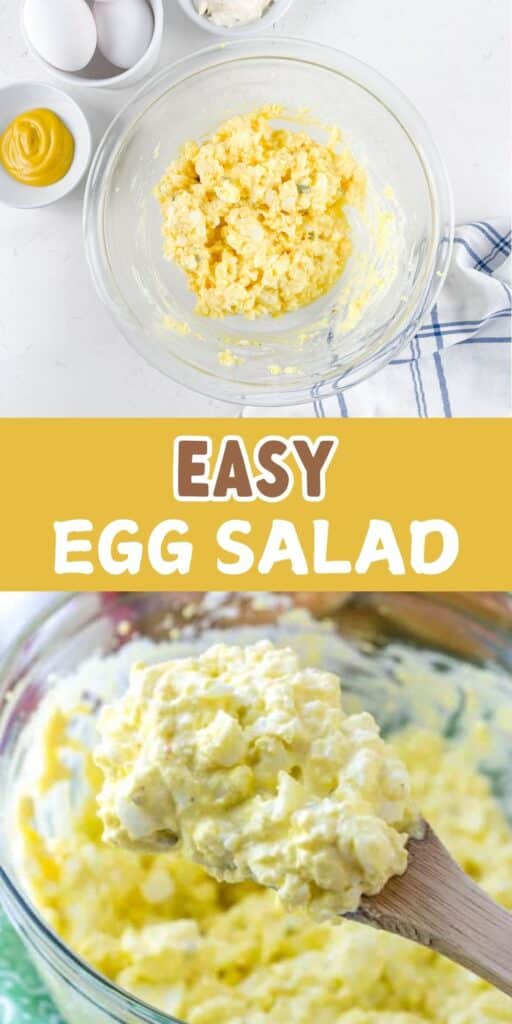 two photos of egg salad in a clear bowl and on a wooden spoon.