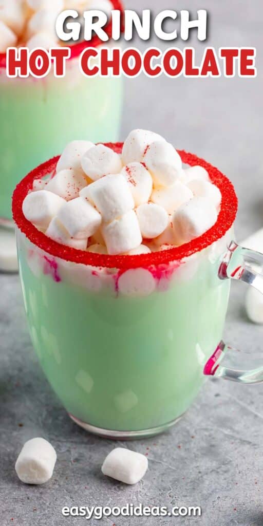 A festive green hot chocolate topped with mini marshmallows is served in a clear mug with a red sugared rim. The mug is on a gray surface, and the text GRINCH HOT CHOCOLATE is displayed above. Marshmallows are scattered around.