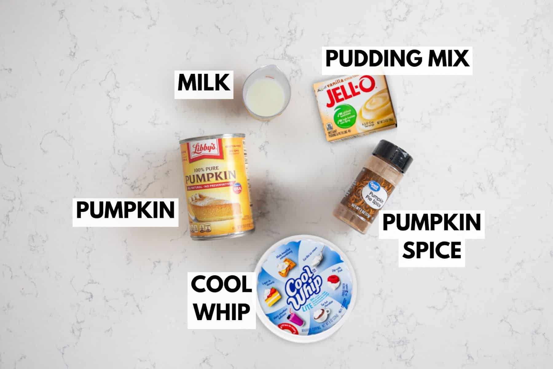 Ingredients for a pumpkin dessert are laid out on a marble surface. Items include a can of pumpkin puree, a carton of milk, a box of vanilla pudding mix, a container of Cool Whip, and a jar of pumpkin spice. Labels identify each item.