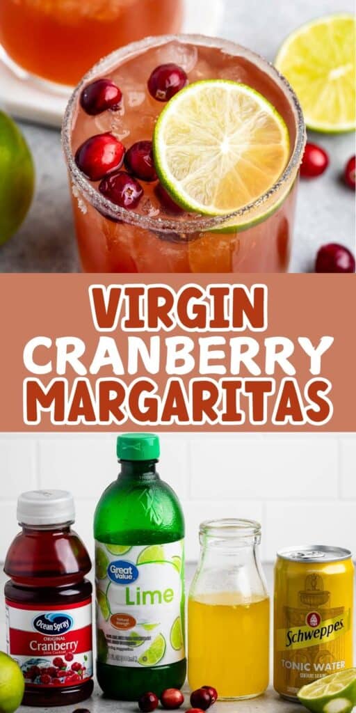 A refreshing virgin cranberry margarita garnished with lime and cranberries. Below are ingredients: cranberry juice, lime juice, orange juice, and tonic water on a white countertop against a tiled backsplash.