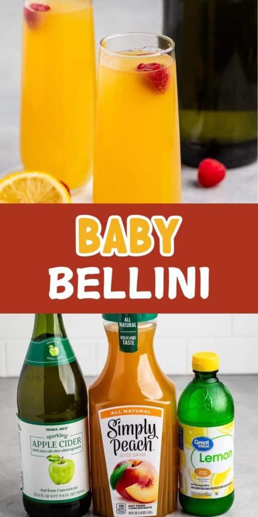 A Baby Bellini cocktail with a slice of orange and a raspberry in a glass. Below are bottles of apple cider, Simply Peach juice, and lemon juice.