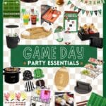 A collage of game day party essentials including a football, banners, drink dispensers, bingo cards, slow cookers, snack trays, and a variety of food items. The emphasis is on football-themed items for a festive atmosphere.