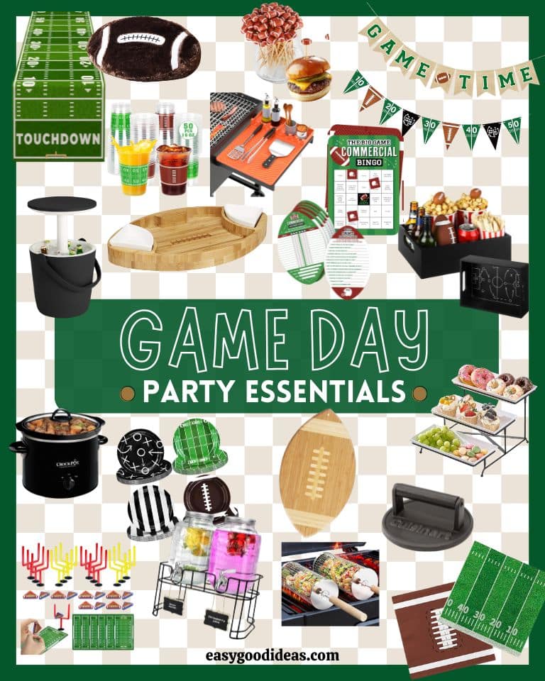 A collage of game day party essentials including a football, banners, drink dispensers, bingo cards, slow cookers, snack trays, and a variety of food items. The emphasis is on football-themed items for a festive atmosphere.