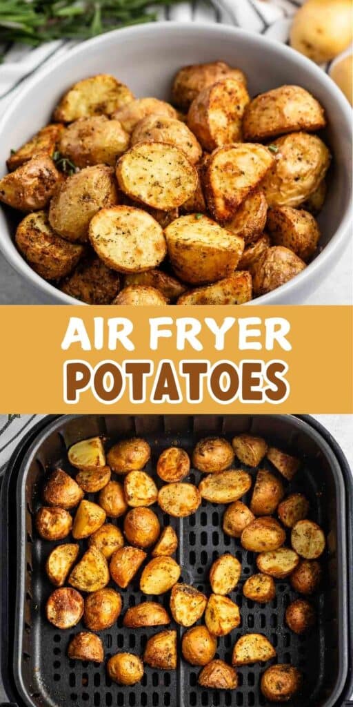 A bowl of seasoned, crispy air-fried potato slices next to a basket of similar potato slices in an air fryer. Text between them reads Air Fryer Potatoes.