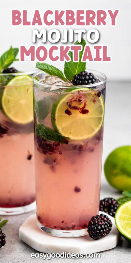 A refreshing blackberry mojito mocktail in a tall glass, garnished with lime slices, fresh mint leaves, and blackberries. Another similar glass is in the background. A whole lime and more blackberries are visible on the table.