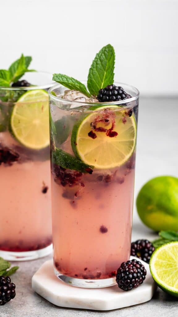 Two tall glasses of a pink drink garnished with fresh mint leaves, lime slices, and blackberries. The drinks are on a white coaster with a lime and a few blackberries nearby. The background is blurred, highlighting the refreshing beverages.