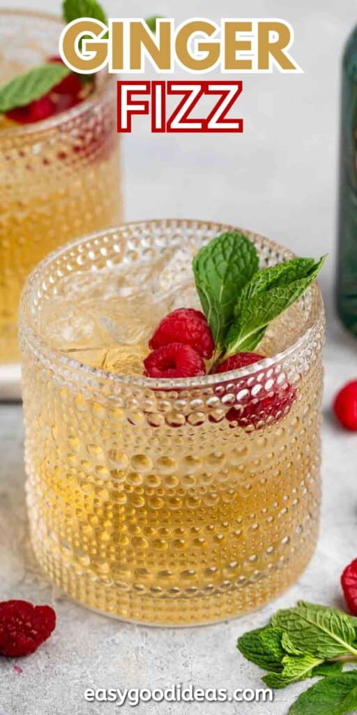 Close-up of a ginger fizz cocktail in a textured glass, garnished with fresh raspberries and mint leaves. Another glass is partially visible in the background. The words Ginger Fizz are at the top, and easygoodideas.com is at the bottom.