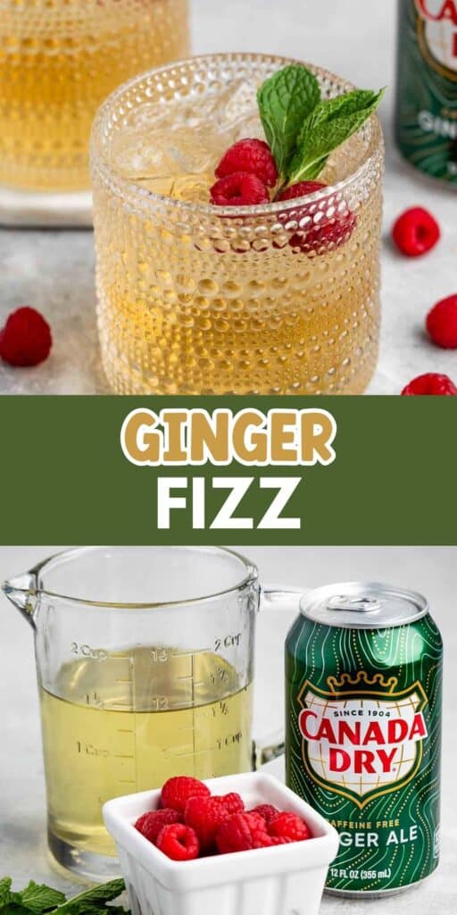 A glass with ginger ale, garnished with raspberries and mint. A can of Canada Dry ginger ale and raspberries are nearby. Text reads Ginger Fizz. In the lower image, a measuring cup with ginger ale and a Canada Dry can are shown.