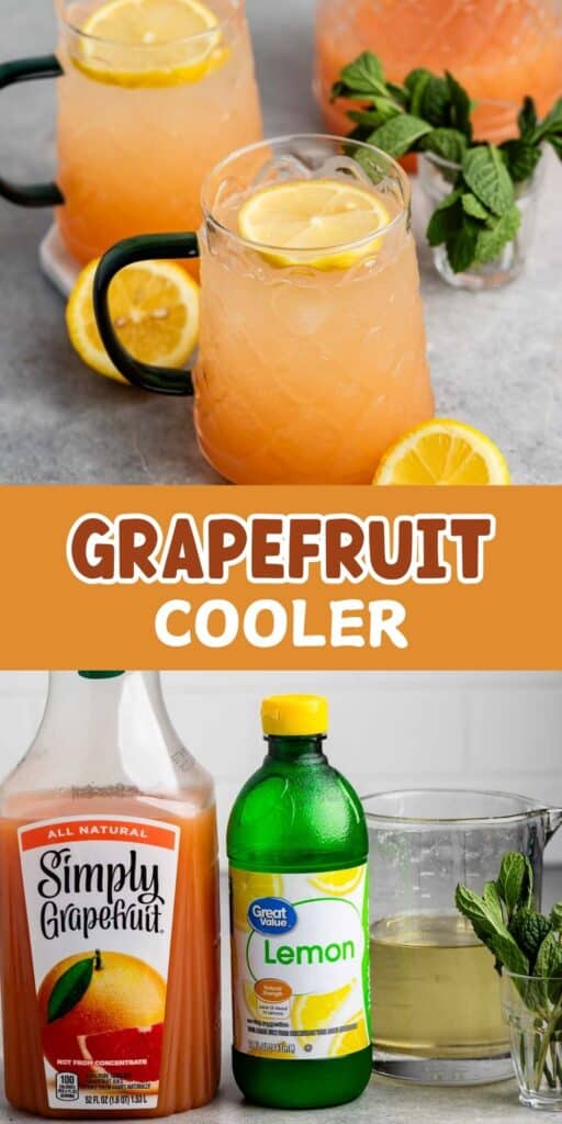 Two glasses of grapefruit cooler with lemon slices and mint leaves. Below, bottles of grapefruit juice and lemon juice next to a glass of green liquid. Text in middle reads Grapefruit Cooler on an orange background.