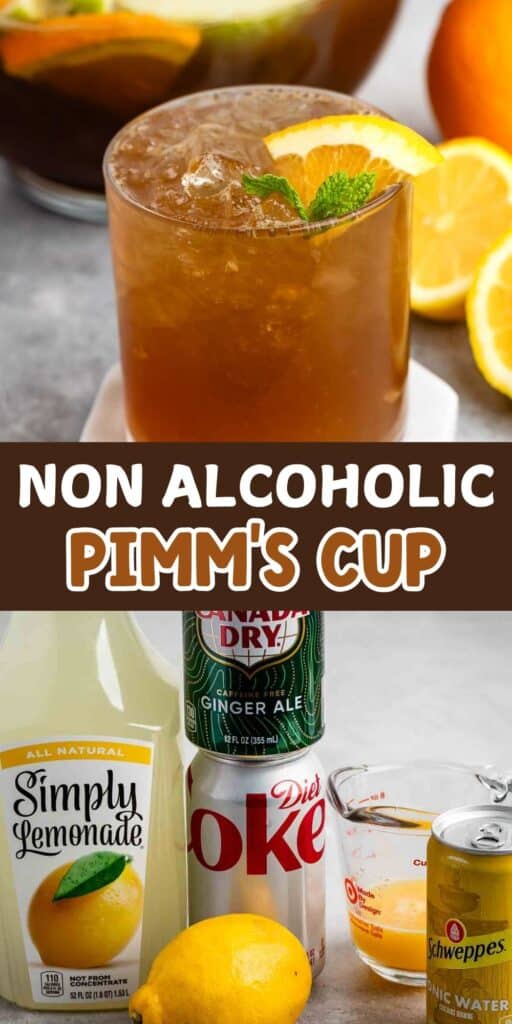 A non-alcoholic Pimms Cup with a glass filled with iced drink, garnished with mint and orange slice. Ingredients shown include Simply Lemonade, Diet Coke, Schweppes tonic water, ginger ale, oranges, and a lemon.