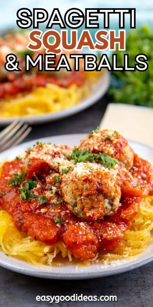 A plate of spaghetti squash topped with meatballs and marinara sauce, garnished with parsley and grated cheese. The text at the top reads Spaghetti Squash & Meatballs, and the bottom text says easygoodideas.com.