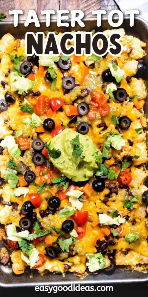 A tray of tater tot nachos topped with melted cheese, sliced olives, cherry tomatoes, guacamole, and cilantro. The text Tater Tot Nachos is displayed at the top. At the bottom, the website easygoodideas.com is displayed.