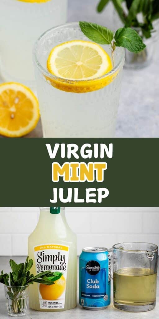 A refreshing Virgin Mint Julep is shown with a tall glass garnished with lemon slices and a sprig of mint. Below are ingredients: Simply Lemonade, a can of club soda, fresh mint leaves, and a clear liquid in a glass. Text reads VIRGIN MINT JULEP.