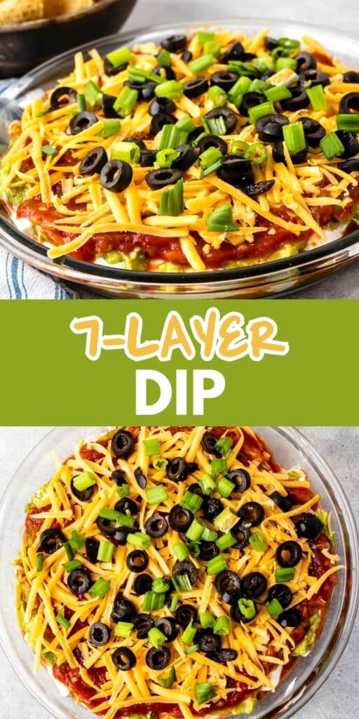 Two glass bowls filled with seven-layer dip, topped with shredded cheese, black olives, and green onions. The top half shows a side view with tortilla chips in the background, while the bottom half is a top view. Text reads 7-Layer Dip.