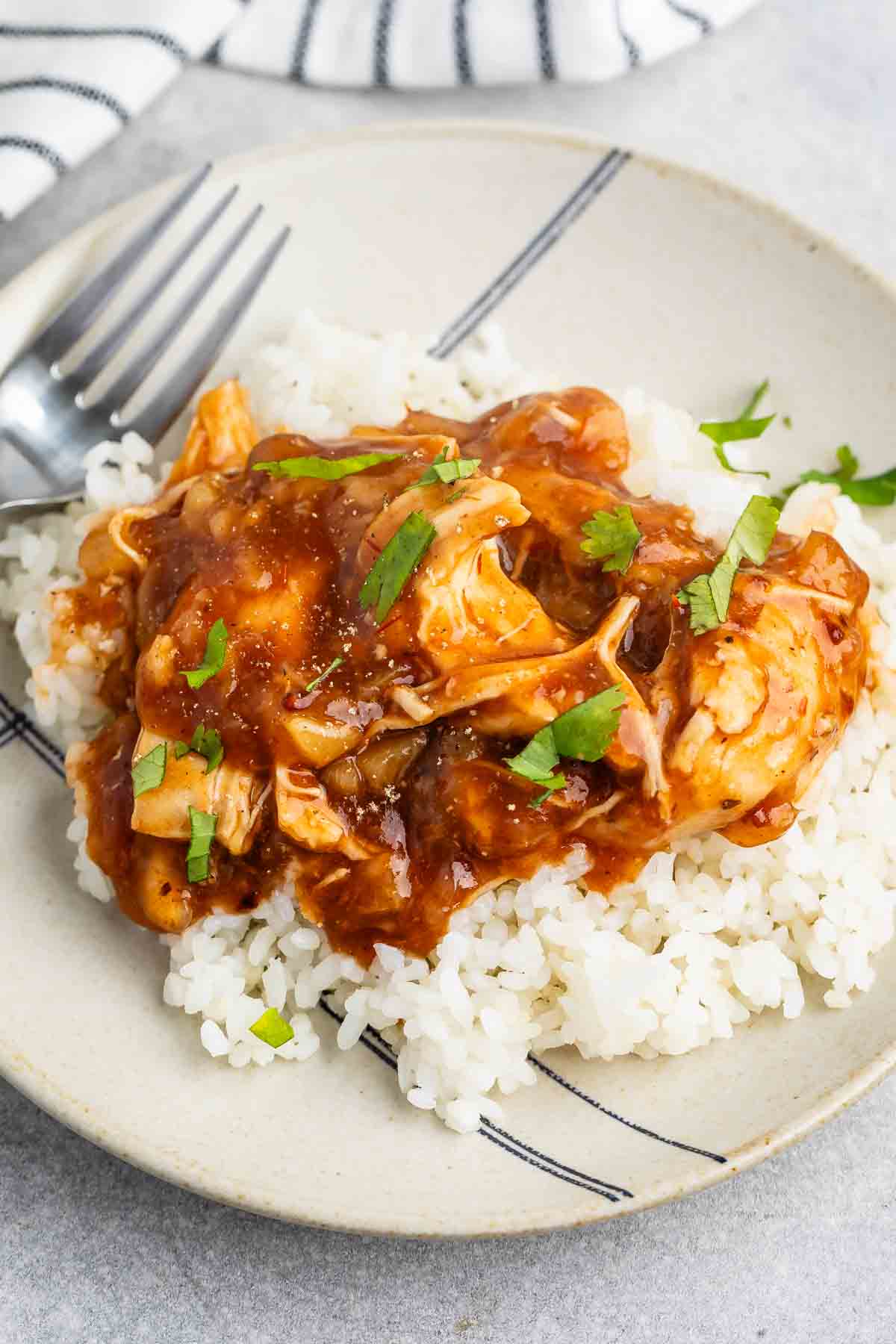 A plate of white rice topped with saucy, shredded chicken garnished with chopped herbs. A fork is placed on the plate, and a striped cloth is partially visible in the background.