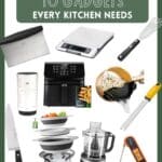 round up of kitchen gadgets such as a scale, bench scraper, sticky measuring cup, silicone strainer, microplane zester, knife, food processor, and instant read thermometer.