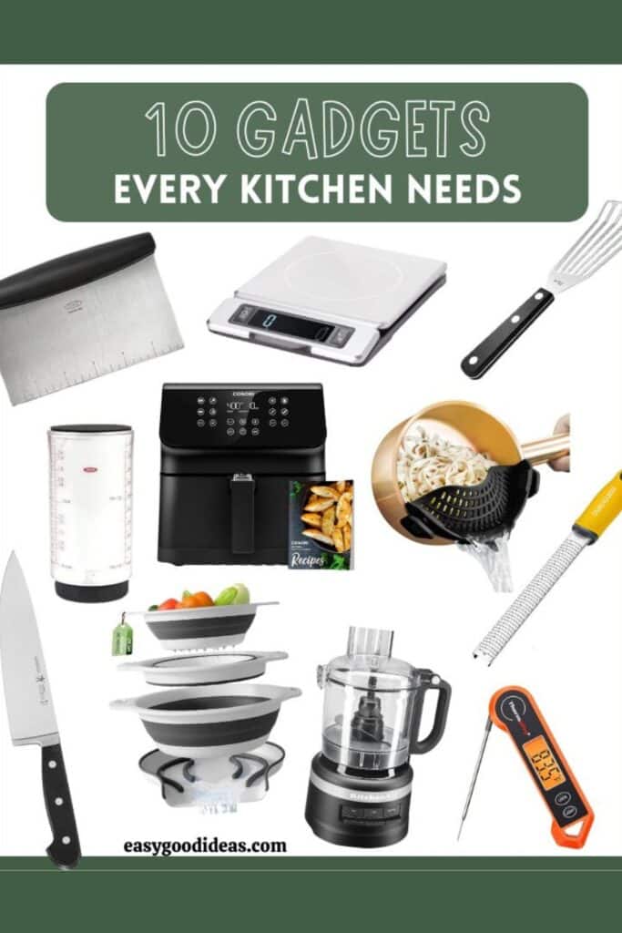 Pinterest collage of kitchen gadgets including a bench scraper, digital scale, fish spatula, sticky measuring cup, air fryer, silicone strainer, mini frood processor, zester, meat thermometer, and a chef's knife.