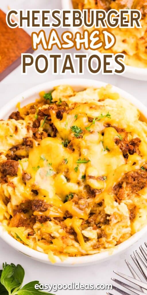 A bowl of cheeseburger mashed potatoes topped with melted cheese and garnished with herbs. Text overlay reads Cheeseburger Mashed Potatoes. Plate of the same dish is partially visible in the background.