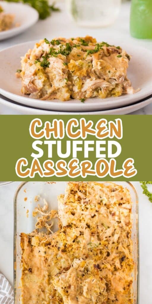 Top image shows a plate with cheesy chicken casserole garnished with herbs. Bottom image shows a baking dish with a larger portion of the casserole. Text in the center reads CHICKEN STUFFED CASSEROLE.